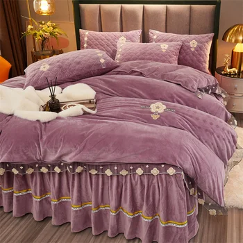 4 kom. novi klesanog nizozemski baršun Vez čipke posteljina Queen King dimenzije deka komplet krevet komplet suknja jastučnica, posteljina.