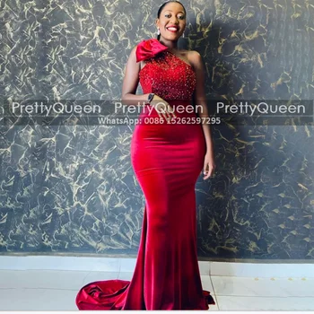 Bling Beads One Shoulder Sirena Prom Dresses With Bow Red Velvet Long Trumpet African Women Formalno Evening Party Dress