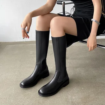 Britanski Stil Protežu Duge Čizme Ženske 2021 štavljena goveđa Koža Cijele Čarapa Debela Peta Visoka Cijev Čizme do Koljena Svakodnevne Trend Cipele Martin