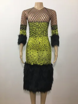 Crnci Zelene Sjajna Rhinestones Luksuzno Crnu Haljinu s Perjem Bling Crystals Argyle Design Singer Dresses Noćni Klub Party Costume