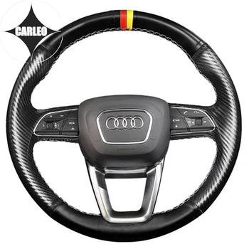 DIY Poklopac volana Automobila za Audi Q7 2016 Crna Karbonskih Vlakana i Prirodne Glatke Kože Custom Ručno Šivanje Držač
