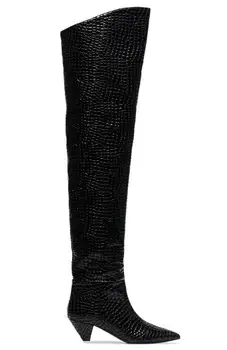 Drop Shipping Women Fashion Solid Black Python Pointed Toe Spike Low Heels Over The U Koljena Zip Thigh Leather Long Čizme Big Size