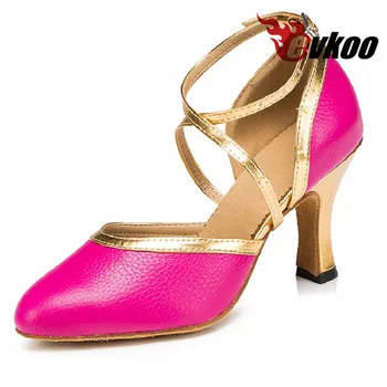 Evkoodance Pink With Golden Pu High Height 8 cm US 4-12 Dvorana Latin Dance Shoes For Women Evkoo-496