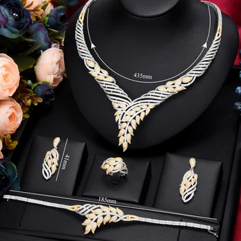 GODKI Leaf Charms 4Pcs Luxury Nigerian Jewelry Set For Women Wedding Cubic Zircon Dubai Svadbeni Ogrlica i Naušnica i Narukvica Prsten Skup