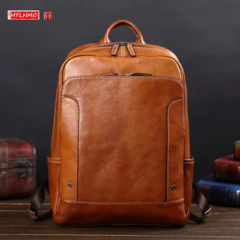 HANSOMFY Prirodna koža Muški ruksak Velikog Kapaciteta Business Casual Mladi 15-Inčni Računalni ruksak Moda Korejski Trend Trav