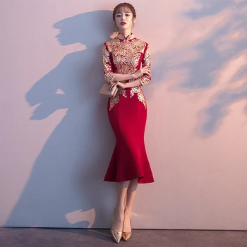 I. Večernja Haljina Cheongsam Red Bride Udati Gown Qi Pao Kineski Vjenčanje Haljine Dugih Rukava Qipao Promociju Robe Orientale