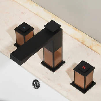 Luksuzni Crni Pink Gold prikladniji mesinga kvadratnom Mikser Za Kupaonica sudoper Art Basin Mješalice tri rupe Toaletni Dizalica-SM545