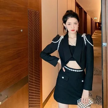 Luksuzni Crystal Perle Žena je Kratak Tanak Crni Blazer i Mini Gaćice Komplet Od Dva Dijela 2021 Proljeće i Jesen Odjeću Od Dva Dijela