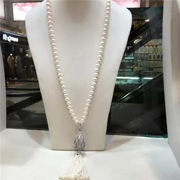 Priručnik čvor 8-9 mm, bijela prirodni slatkovodni biseri mikro inlay cirkon kićanka dugačak džemper lanac ogrlica modni nakit