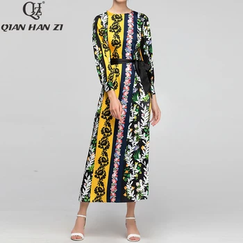 Qian Han Zi 2019 Nova Moda modne Piste točno postavili Bend Jesen Maxi Haljina Donje Dugih rukava Vintage Cvjetni Print zonu Slobodnog duga haljina