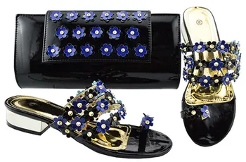 Topla rasprodaja plave sandale na nisku petu 3 cm s ukras u obliku kristala i boja afrička cipele torbu za haljine JZC006