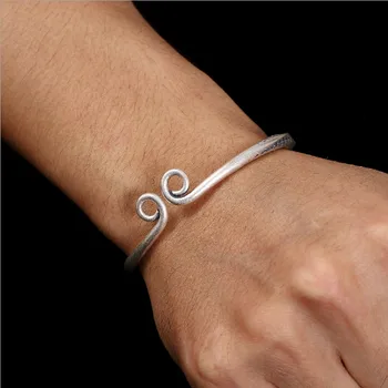 Uglyless Solid 99% Full Silver Curved Bangles for Women Twisted Buddhism Heart Sutra Open Bangles Adjustable Glossy Fine Jewelry