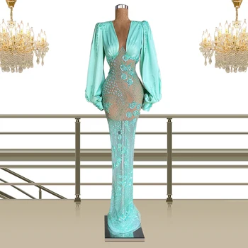 Večernja haljina Duga Tirkizno-Zelena s Dugim rukavima Večernjim Loptu Haljina Po Mjeri Plus Size Ženska Odjeća Proljeće i Jesen Dubai Arapski CXF204