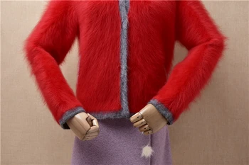 ženska ženska moda Božić crvena hairy mink kašmir pletene kratki tanki skraćene cardigans angora krzno-jaknu, džemper, kaput povući